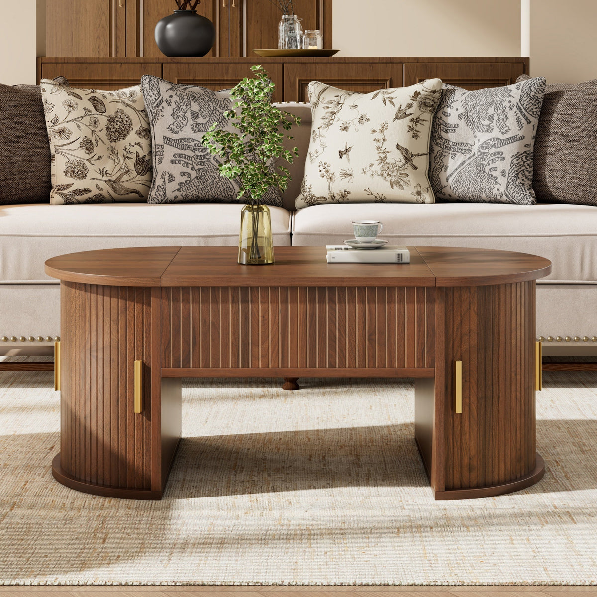 Modern Height-Adjustable Coffee Table with Storage and Sliding Doors, Wood