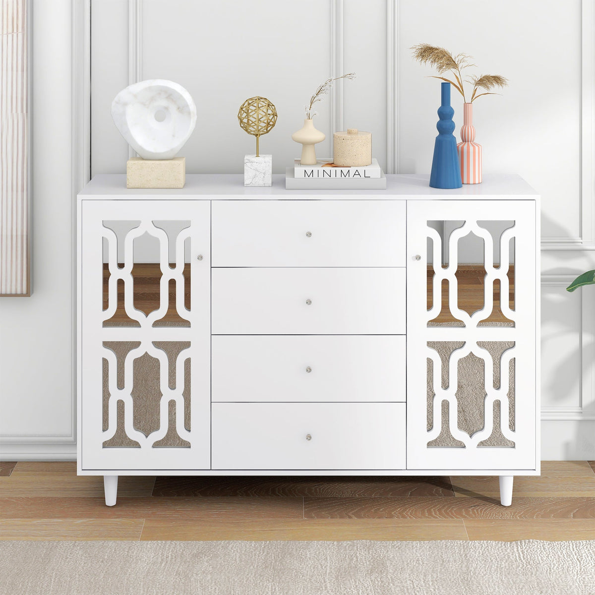 Mirrored Sideboard Crystal Handles 147.5x40x102cm, White