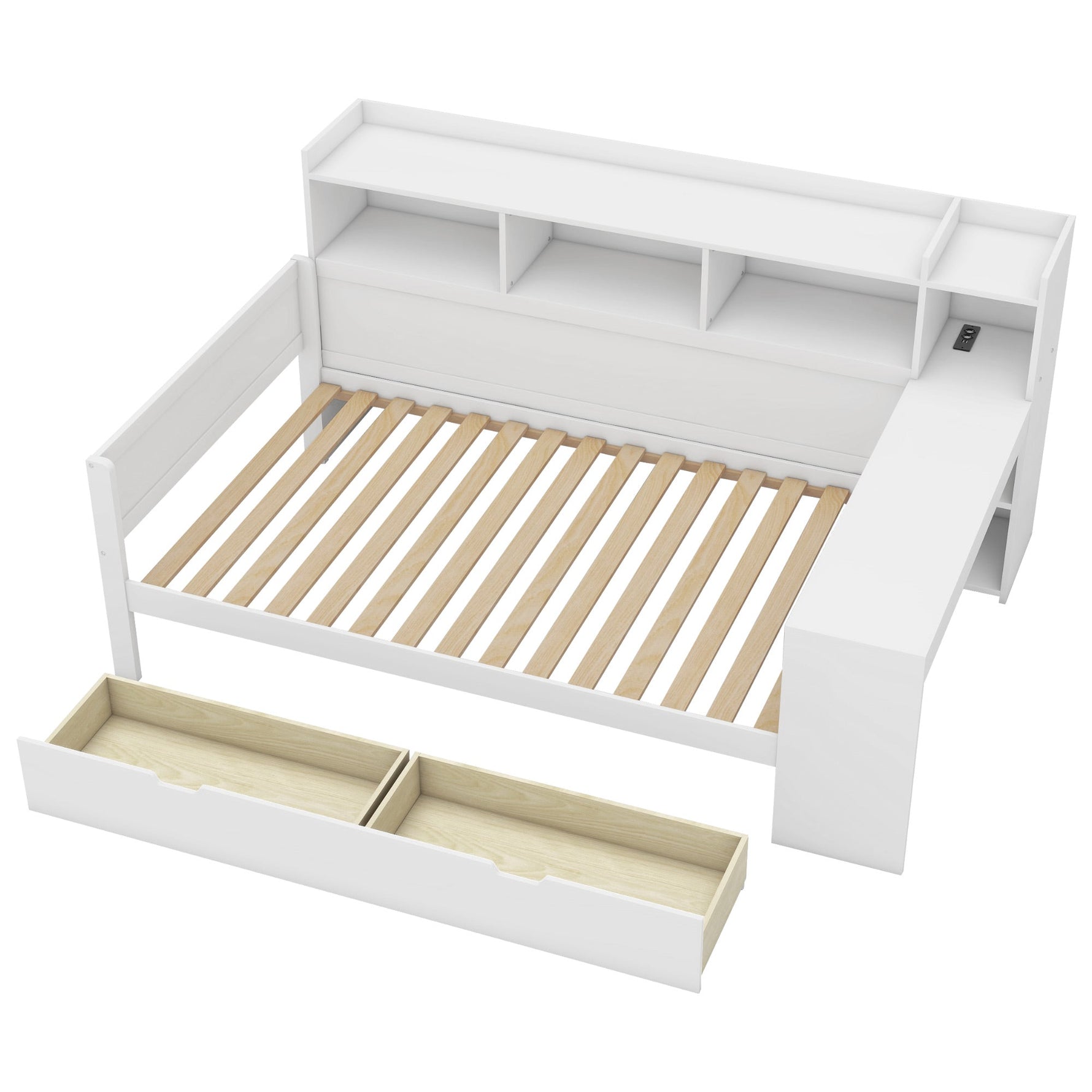 Daybed with Desk and USB Charging Port, 90 x 200 cm with 2 Drawers and Storage Shelves, White Chipboard