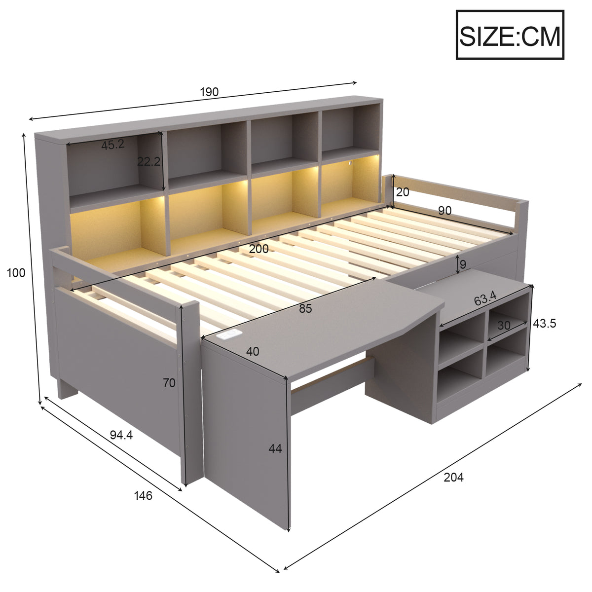 Children's Bed 90x200cm with Desk & LED Light, Solid Wood, Grey
