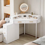 Corner Dressing Table Rotating LED Mirror 5 Drawers USB-C Ports White