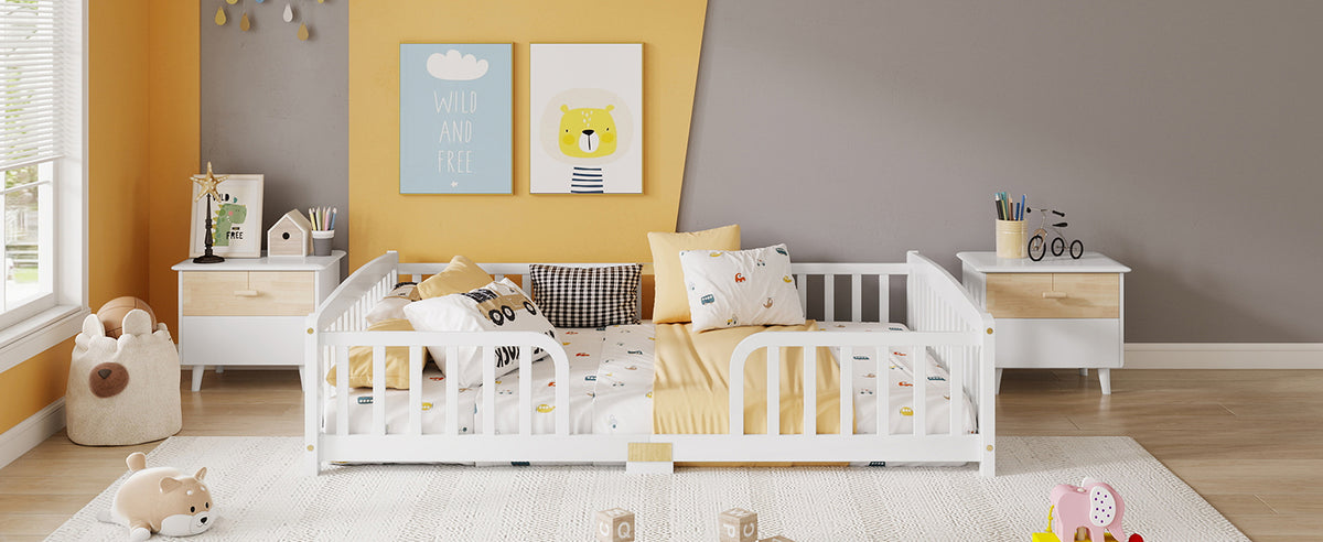 Floor Bed 140x200 cm with Safety Railings - Pine Wood, White