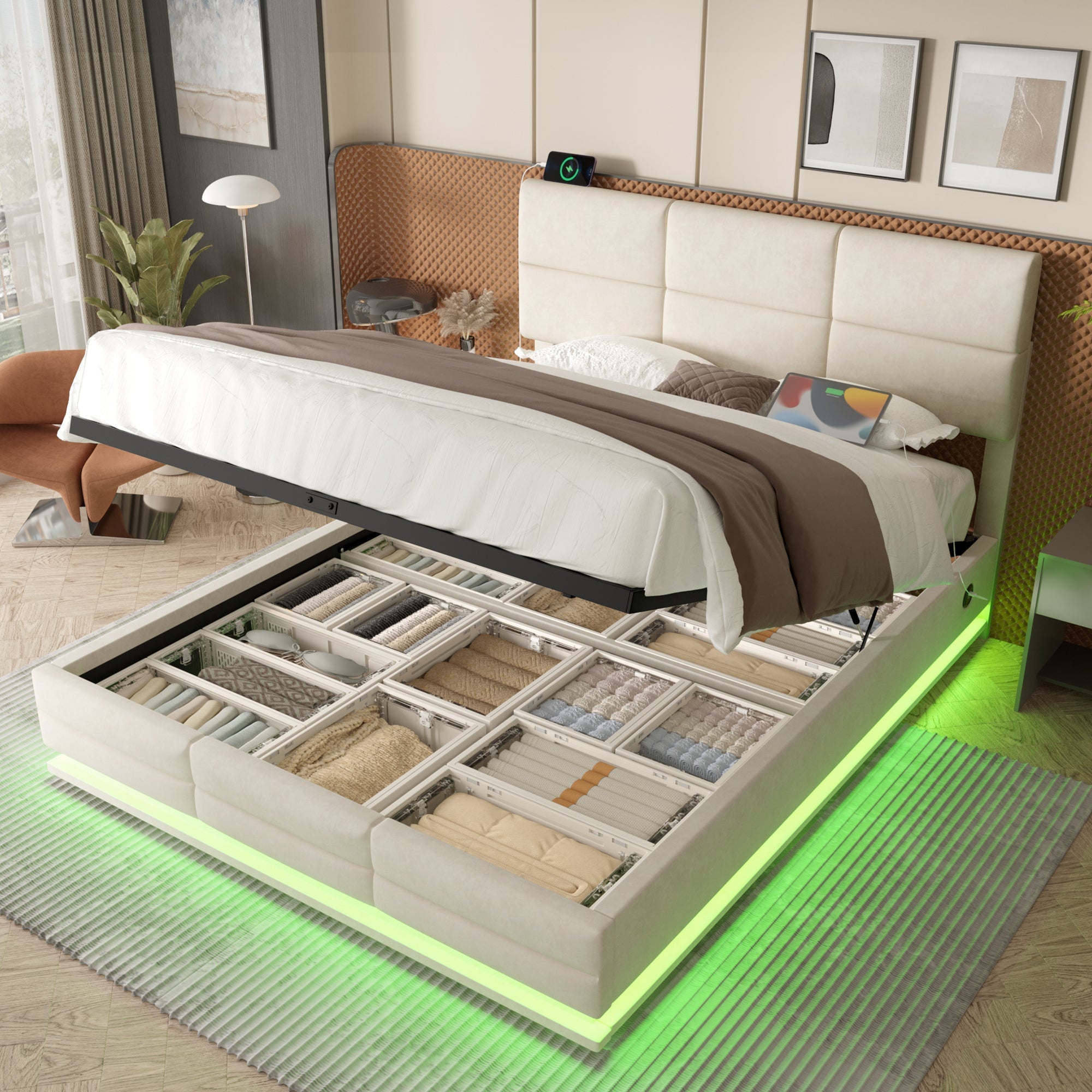 Upholstered Bed, 140x200cm Modern with Adjustable Headboard, USB/Type-C, LED, Hydraulic Lift, XXL Storage - Beige