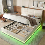 Upholstered Bed, 140x200cm Modern with Adjustable Headboard, USB/Type-C, LED, Hydraulic Lift, XXL Storage - Beige