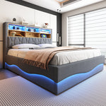 Upholstered Bed 180x200 Hydraulic Storage LED/USB Slatted Frame Linen Grey
