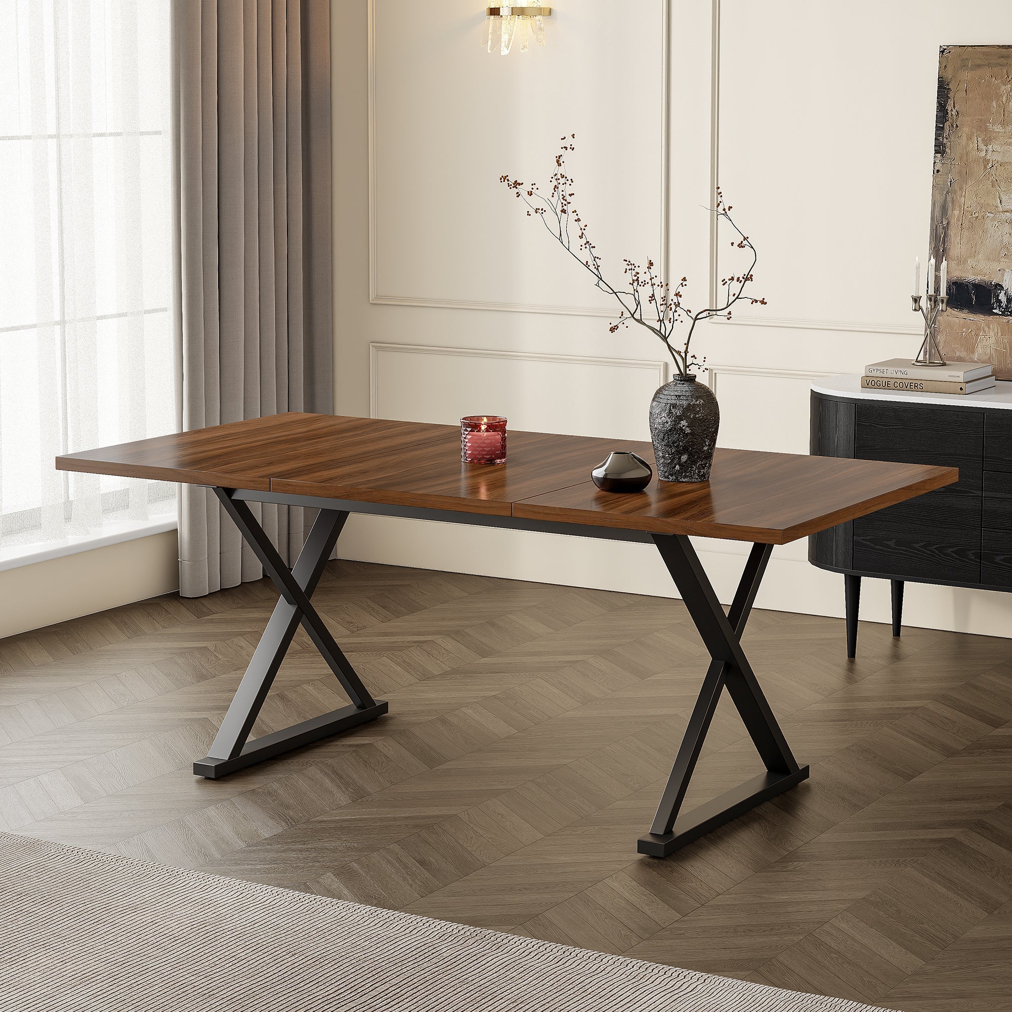 Dining Table, 180x90x75cm Seats 6-8 People Modern Style, Walnut and Black Metal
