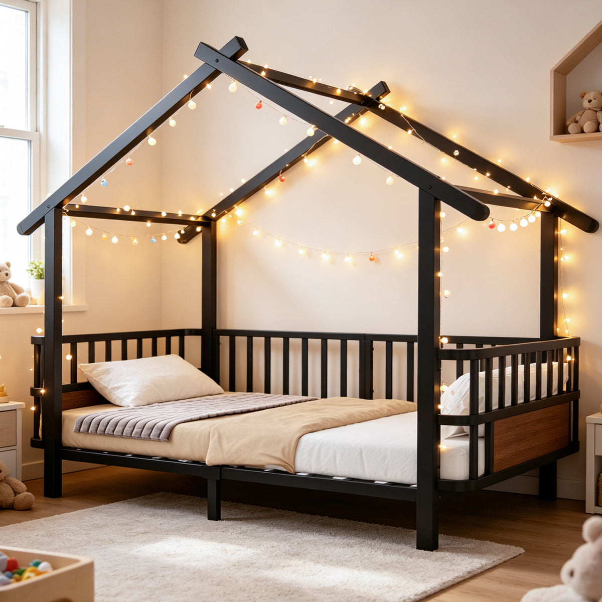 Children's House Bed 90x200cm with Safety Rail & Roof, Black Metal