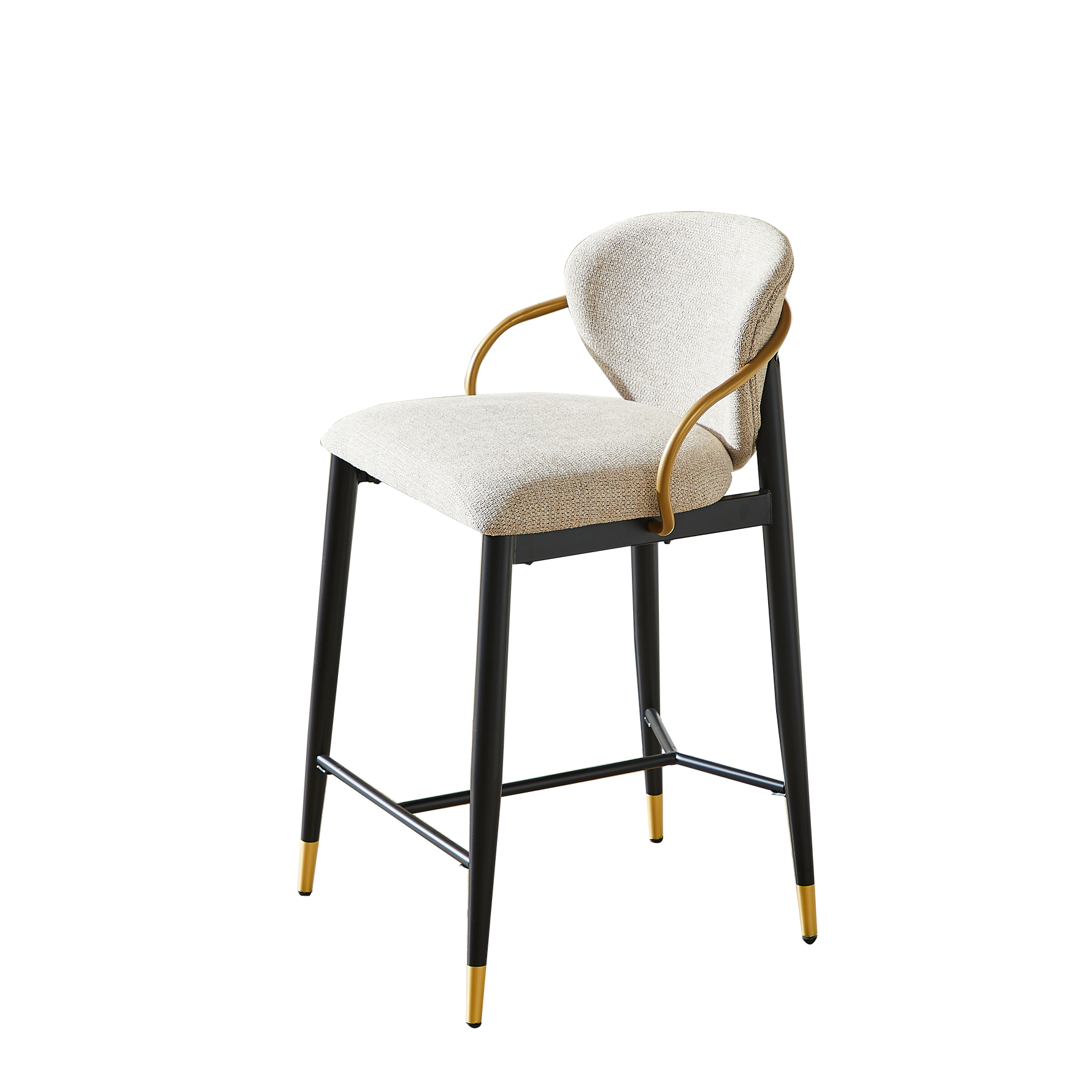 Set of 2 Bar Stools Adjustable Height Backrest Footrest - Chenille Light Brown/Black Gold