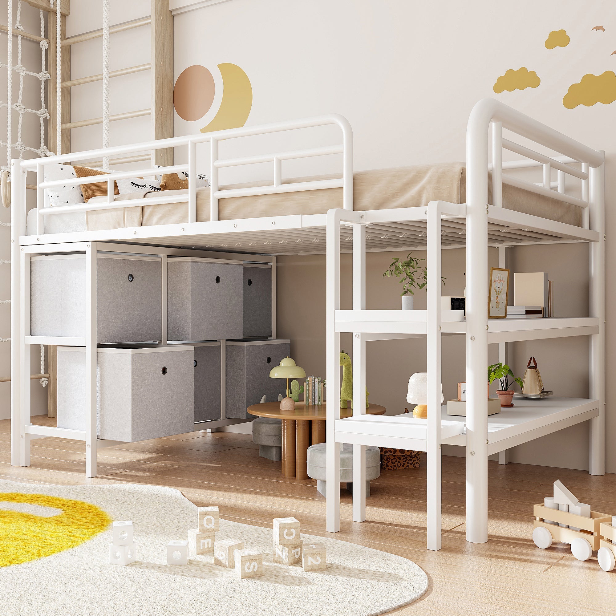 Children's Loft Bed 90x200 with Storage Stairs and Drawers, White Metal