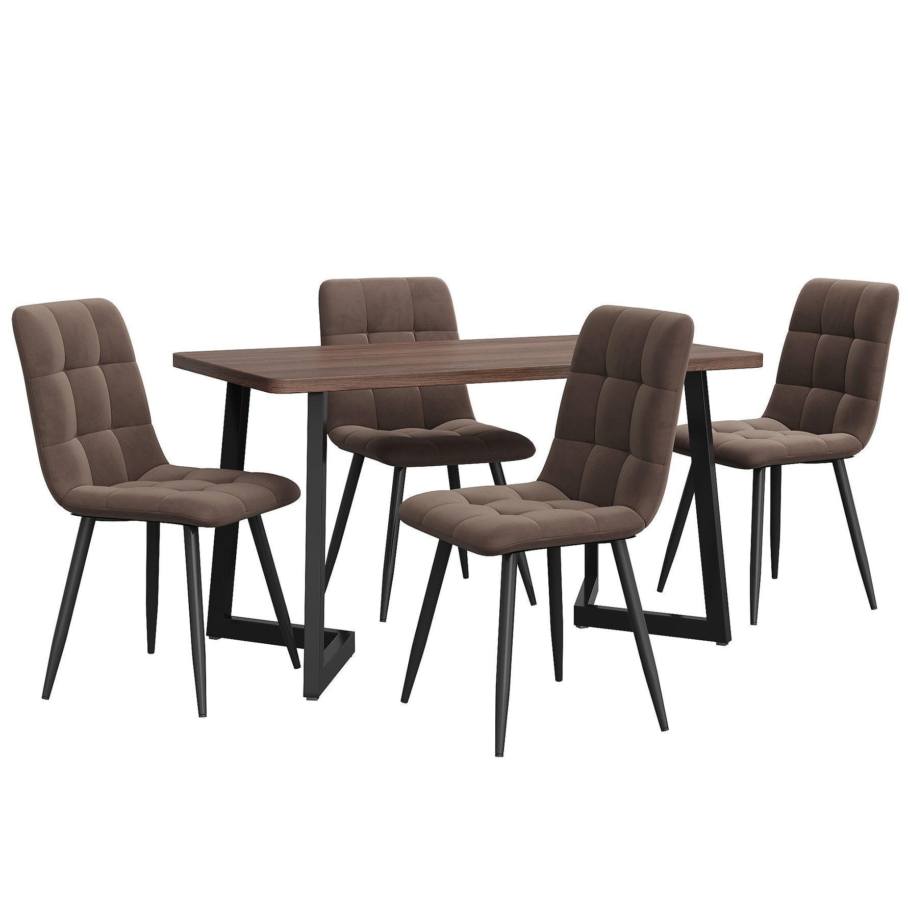 5-Piece Dining Set Modern Kitchen Table with 4 Chairs Black Metal, Walnut MDF & Brown Velvet