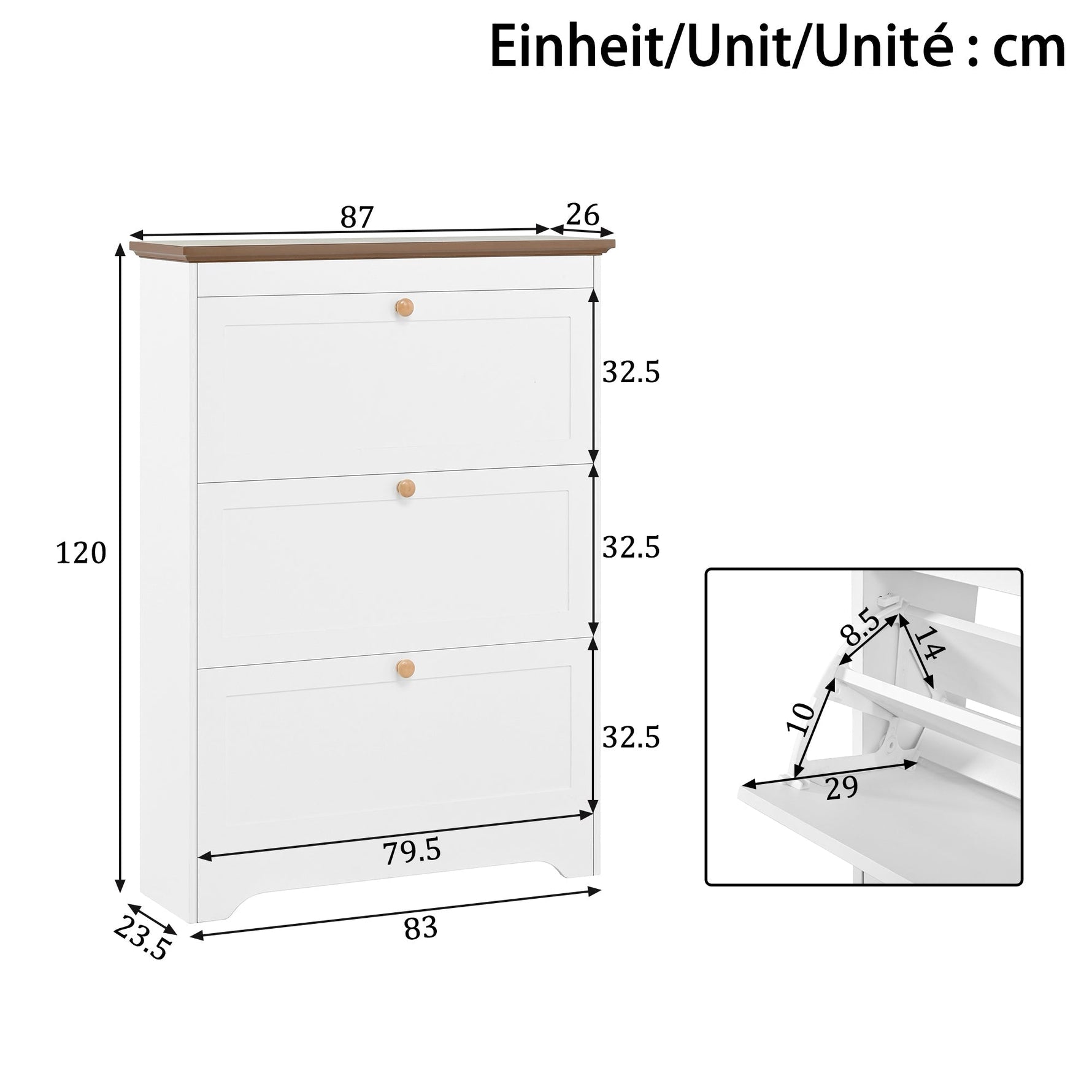 Shoe Cabinet with 3 Doors and Large Capacity, White Wood Look