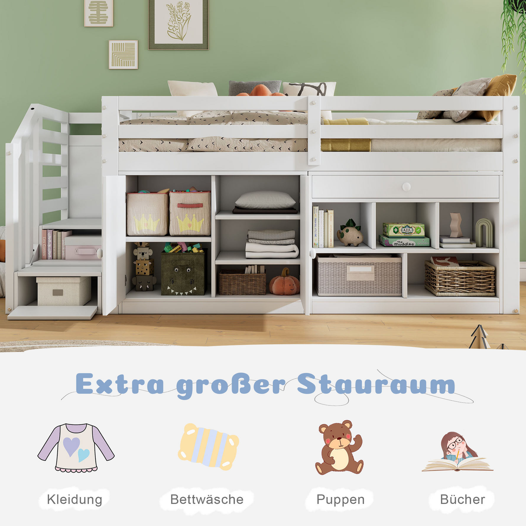 Multifunctional Children's Bed with Stairs, Storage and Convertible Desk, 90x200cm, White Wood