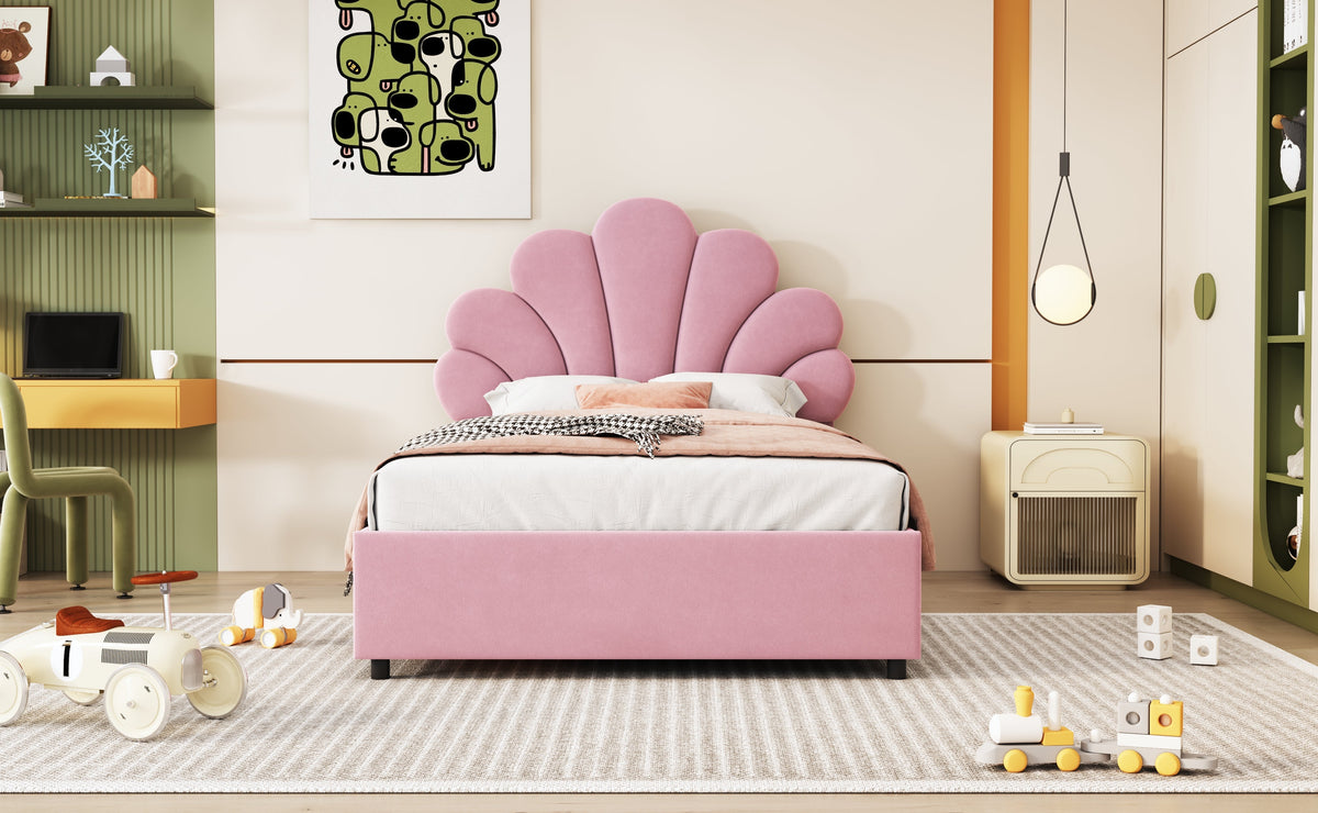 Upholstered Children's Bed 90 x 200 cm, Floral Headboard, Hydraulic Storage, Pink Velvet