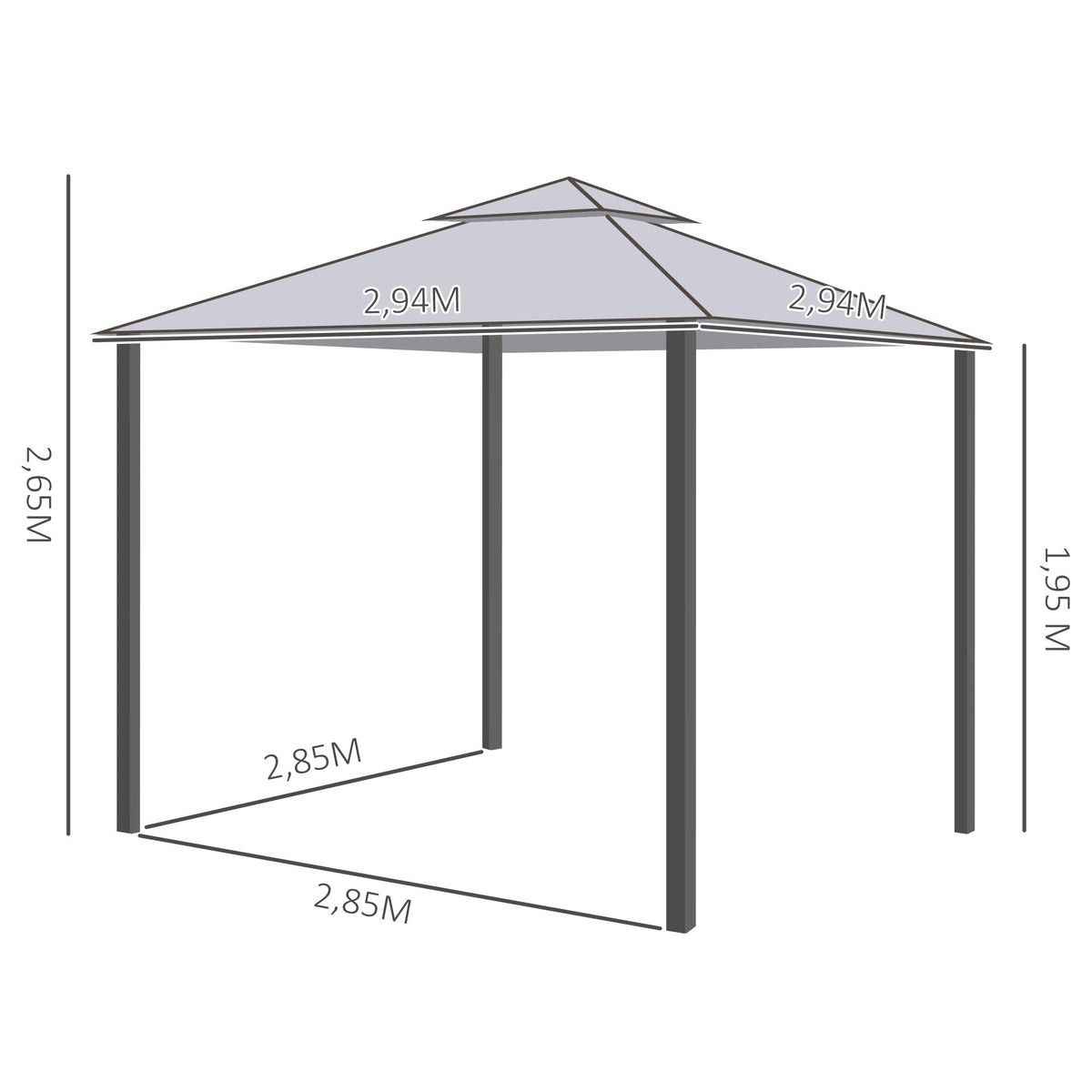 Garden Pavilion Party Tent 3x3m 4 Side Walls Weatherproof Metal/Polyester Light Grey