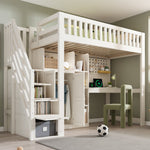 Children's Loft Bed with Desk, Wardrobe, Ladder Cabinet and USB Ports, 90x200cm, White Wood