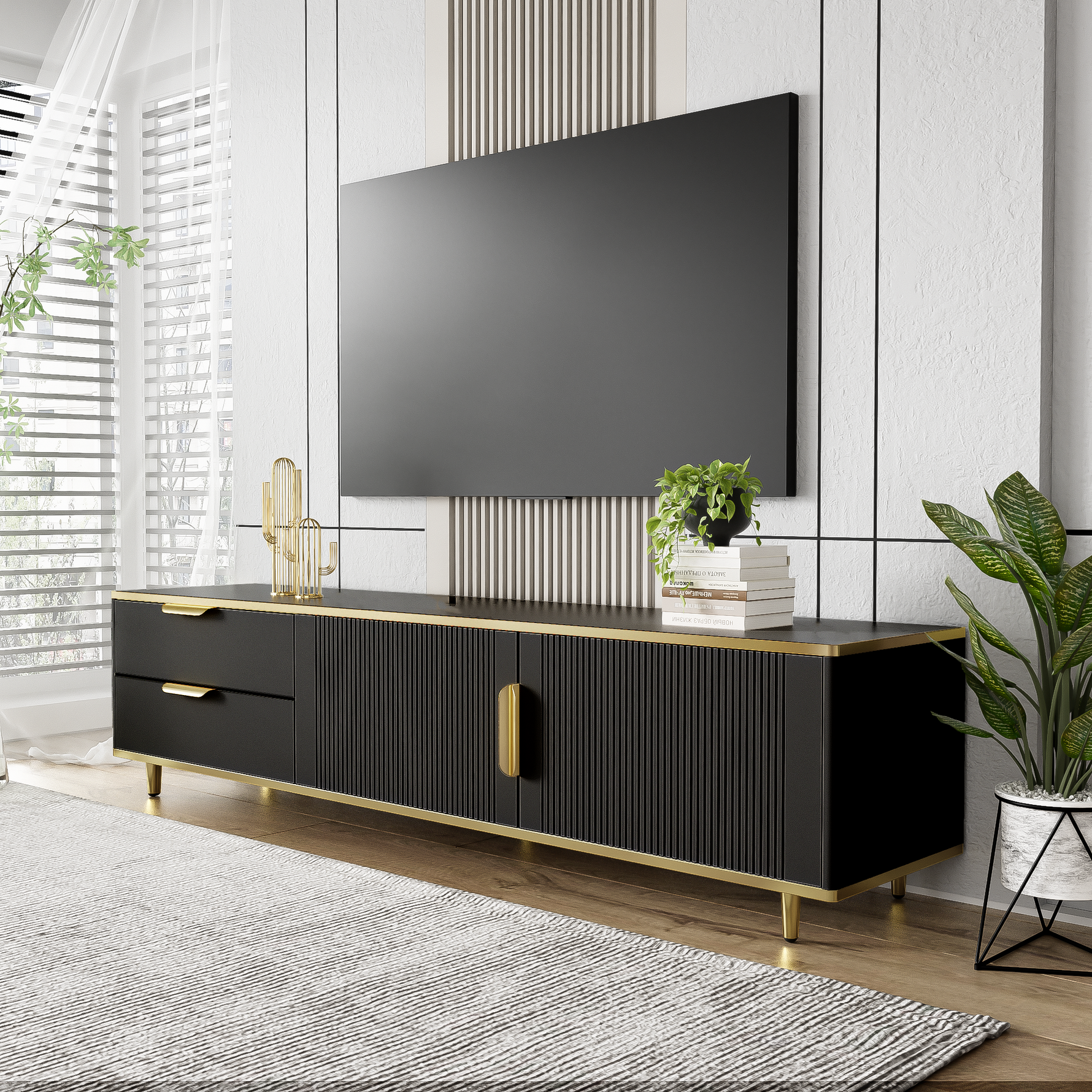 TV Cabinet, Lowboard with Carved Structure, Golden Accents