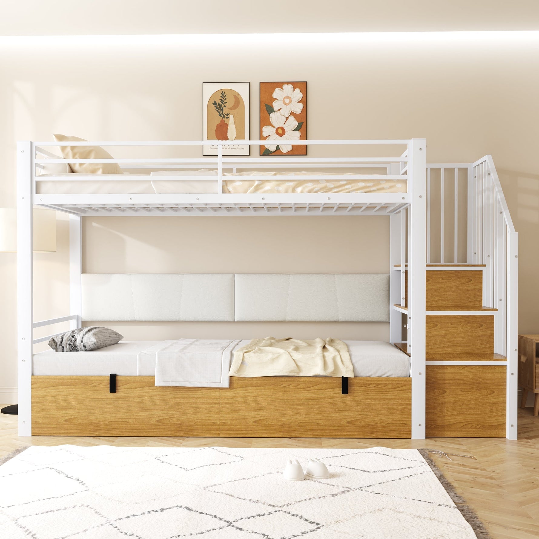 Iron Loft Bed with Padded PU Backrest and Hydraulic Function, 90x200cm, White