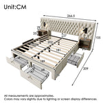 Complete Bedroom Bed Set with 180x200cm Double Bed, 2 Bedside Tables, 4 Drawers and USB Reading Light, Beige Velvet