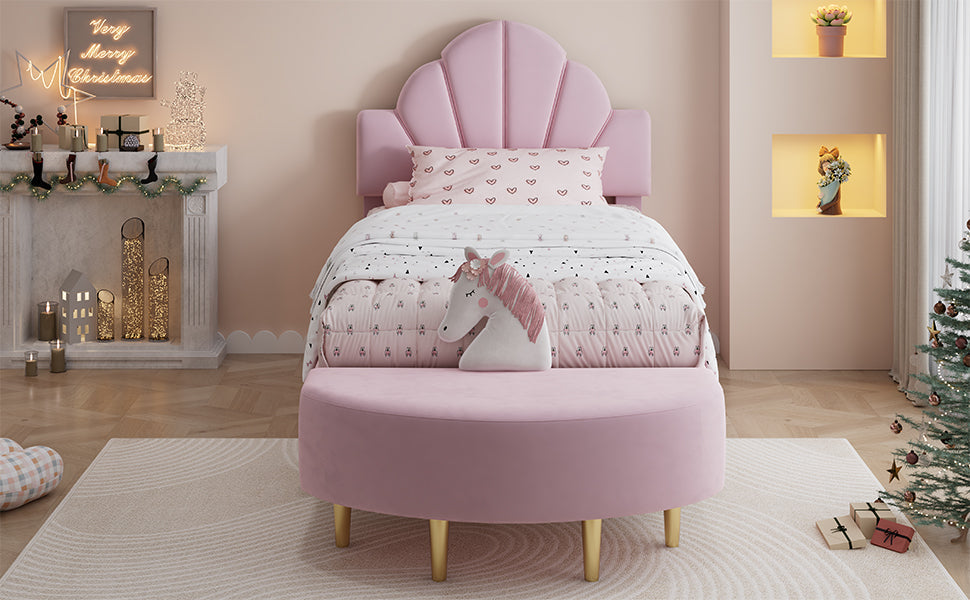 Upholstered Single Bed 90x200cm Velvet Headboard Matching Bench - Pink Velvet