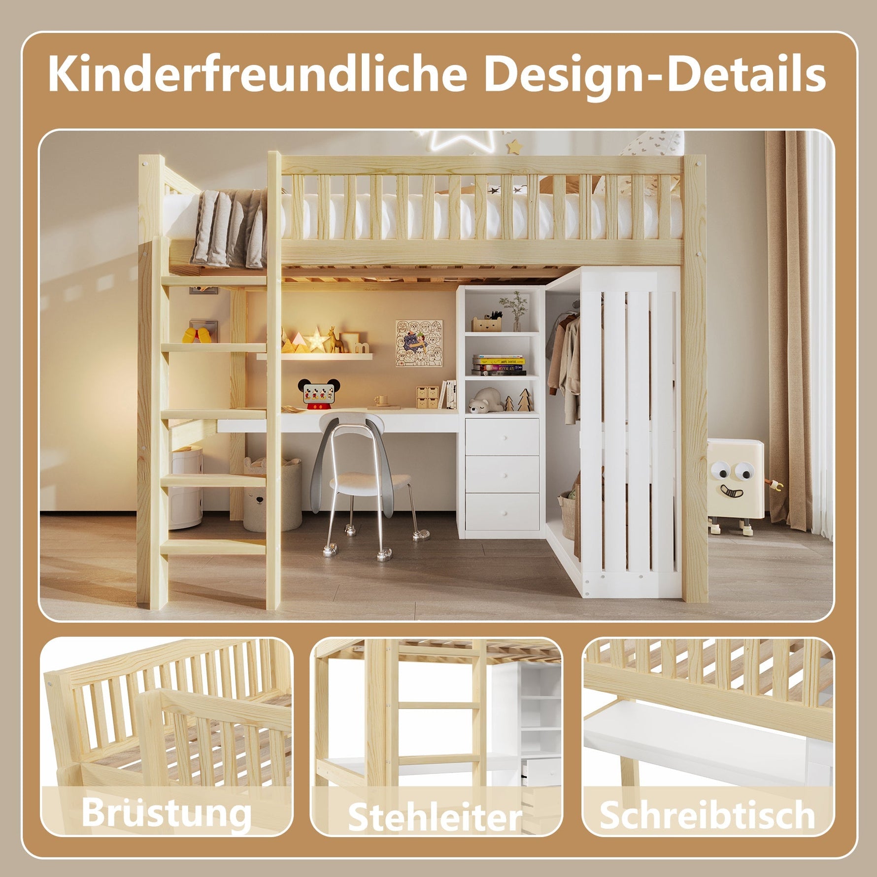 Loft Bed with Desk, Wardrobe and 3 Drawers, Natural