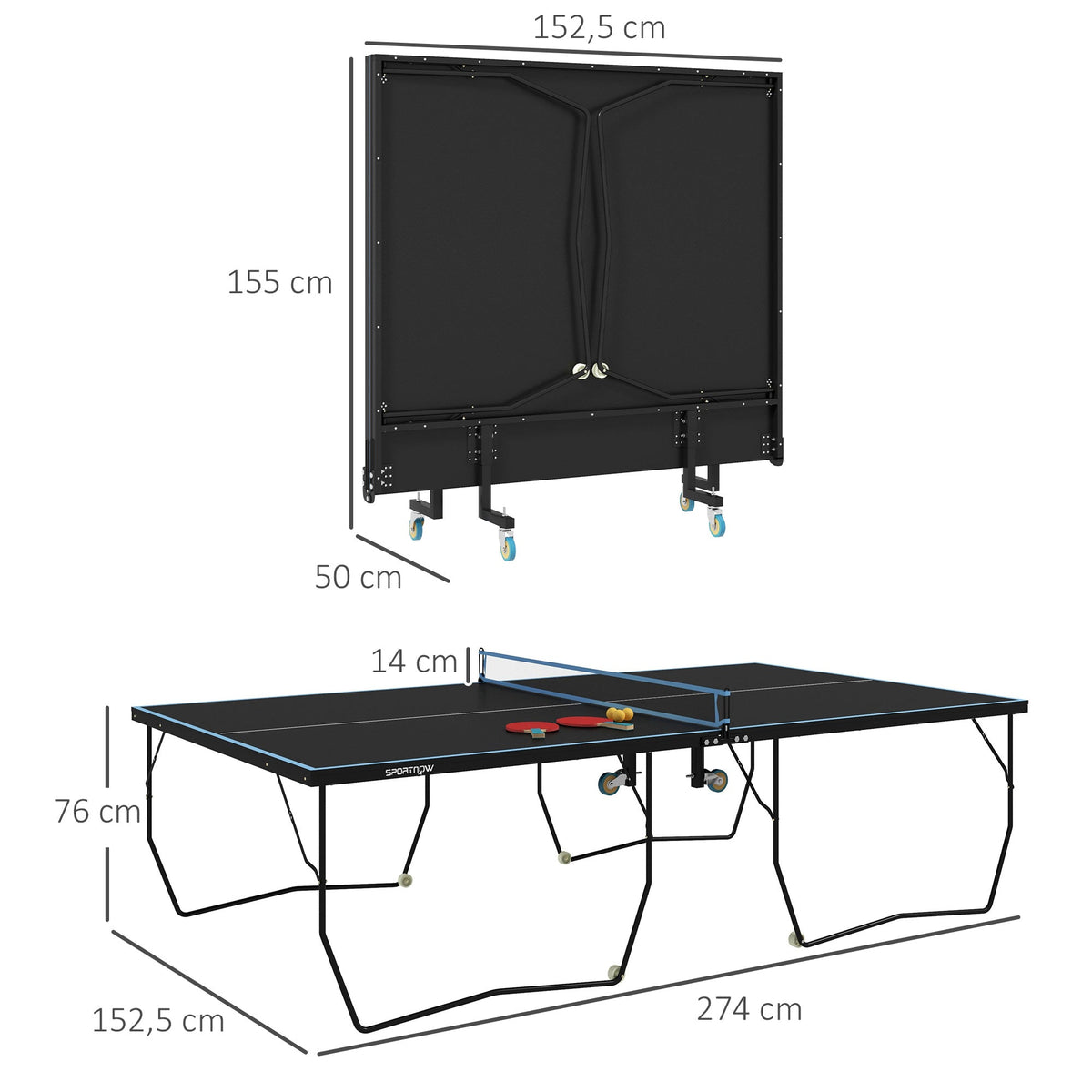 Outdoor Table Tennis Table, Foldable, with Net & Wheels, Steel Black