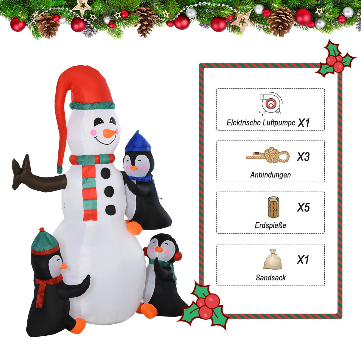 Inflatable Snowman with 3 Penguins, LED Lighting, Polyester