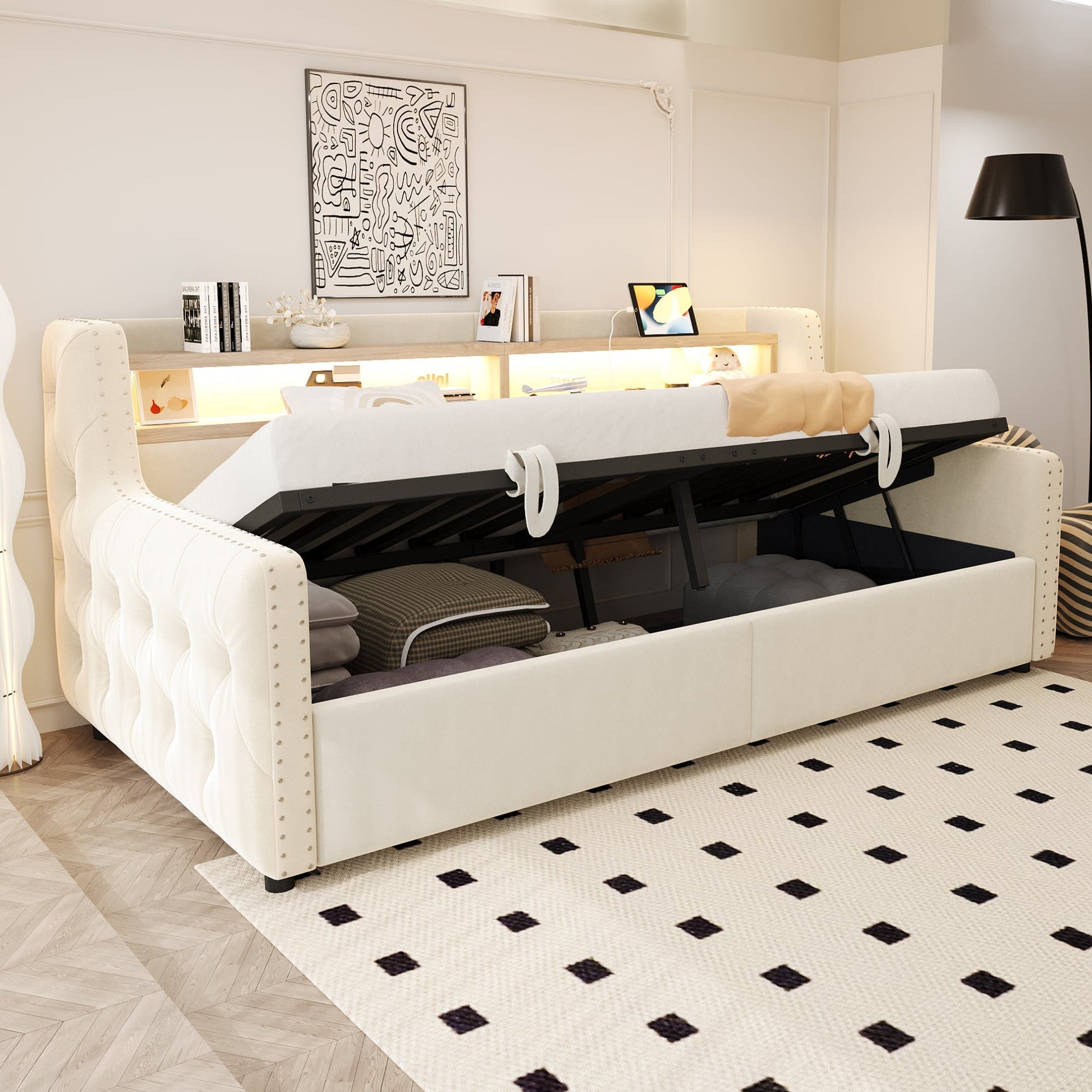 Upholstered Sofa Bed with Hydraulic Storage, LED Lighting and Charging Station, 90x200cm, Beige Velvet