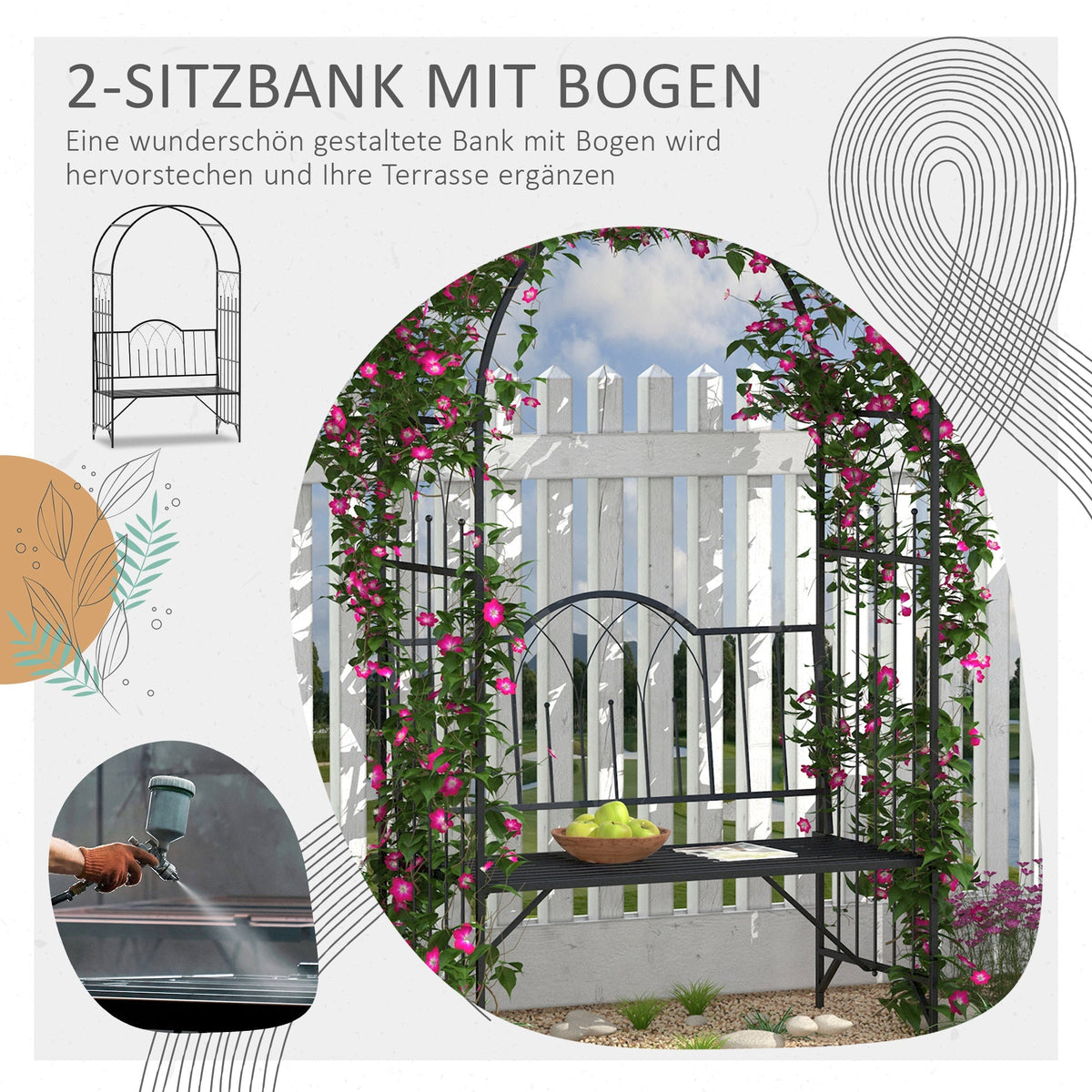 Rose Arch with Bench, Garden Trellis, Metal Black