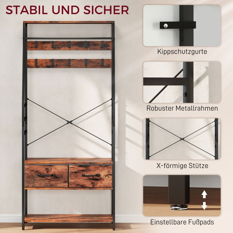 Hall Tree with Bench, Shoe Rack & 2 Drawers - Brown