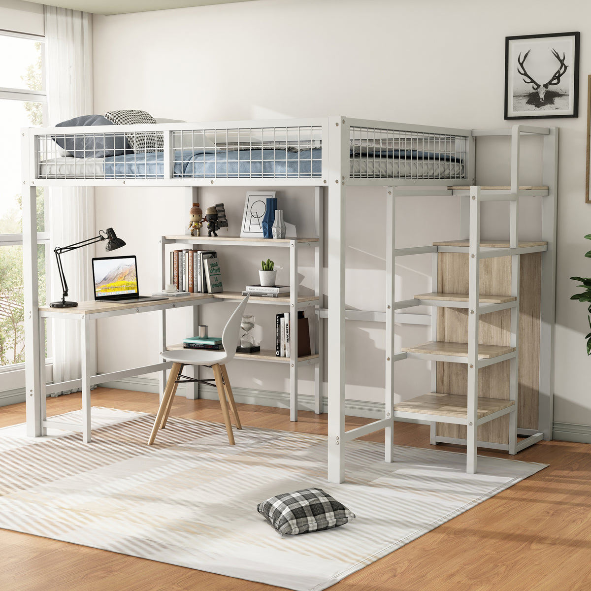 Loft Bed 140x200cm with Desk, Wardrobe & Shelves - White Iron