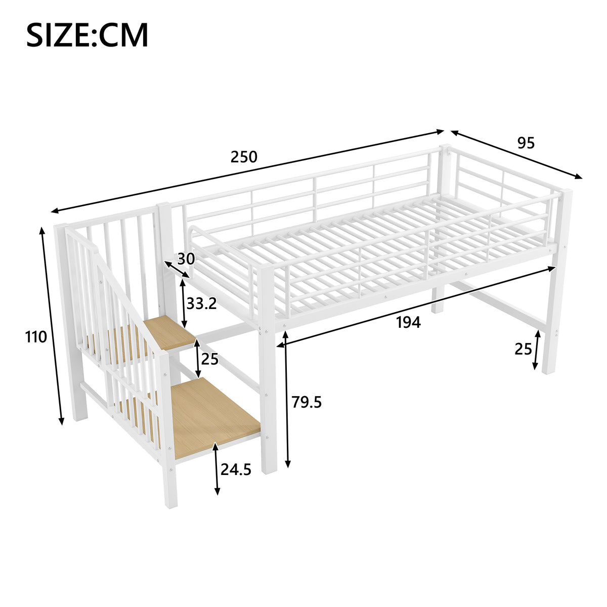Semi-High Loft Bed 90 x 200 cm with Storage Stairs, White