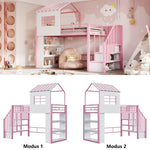 House Loft Bed 90x200cm with Storage Shelf & Stairs, Pink Iron