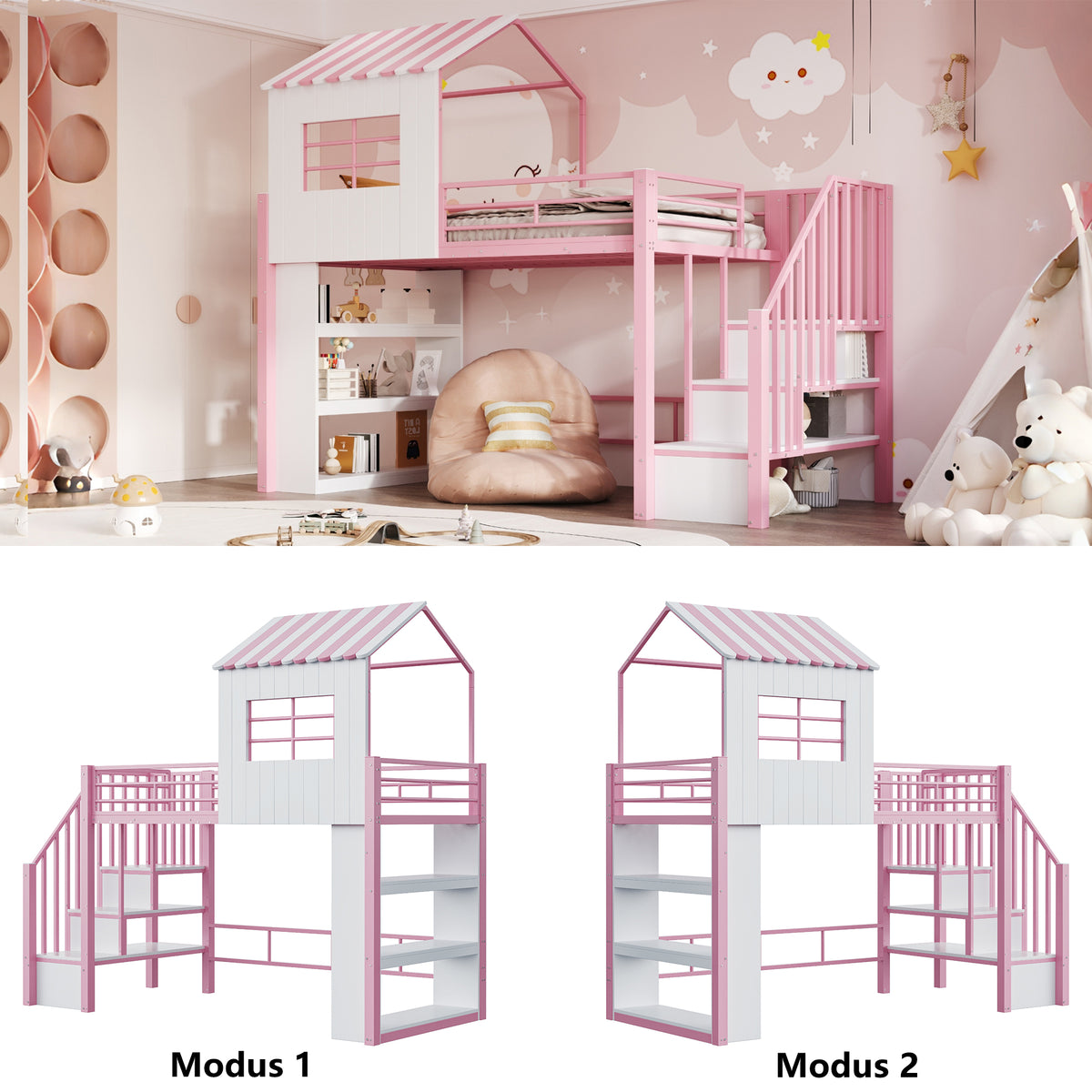 House Loft Bed 90x200cm with Storage Shelf & Stairs, Pink Iron