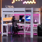 Gaming Loft Bed with Desk, LED Lighting and Charging Station, White Wood