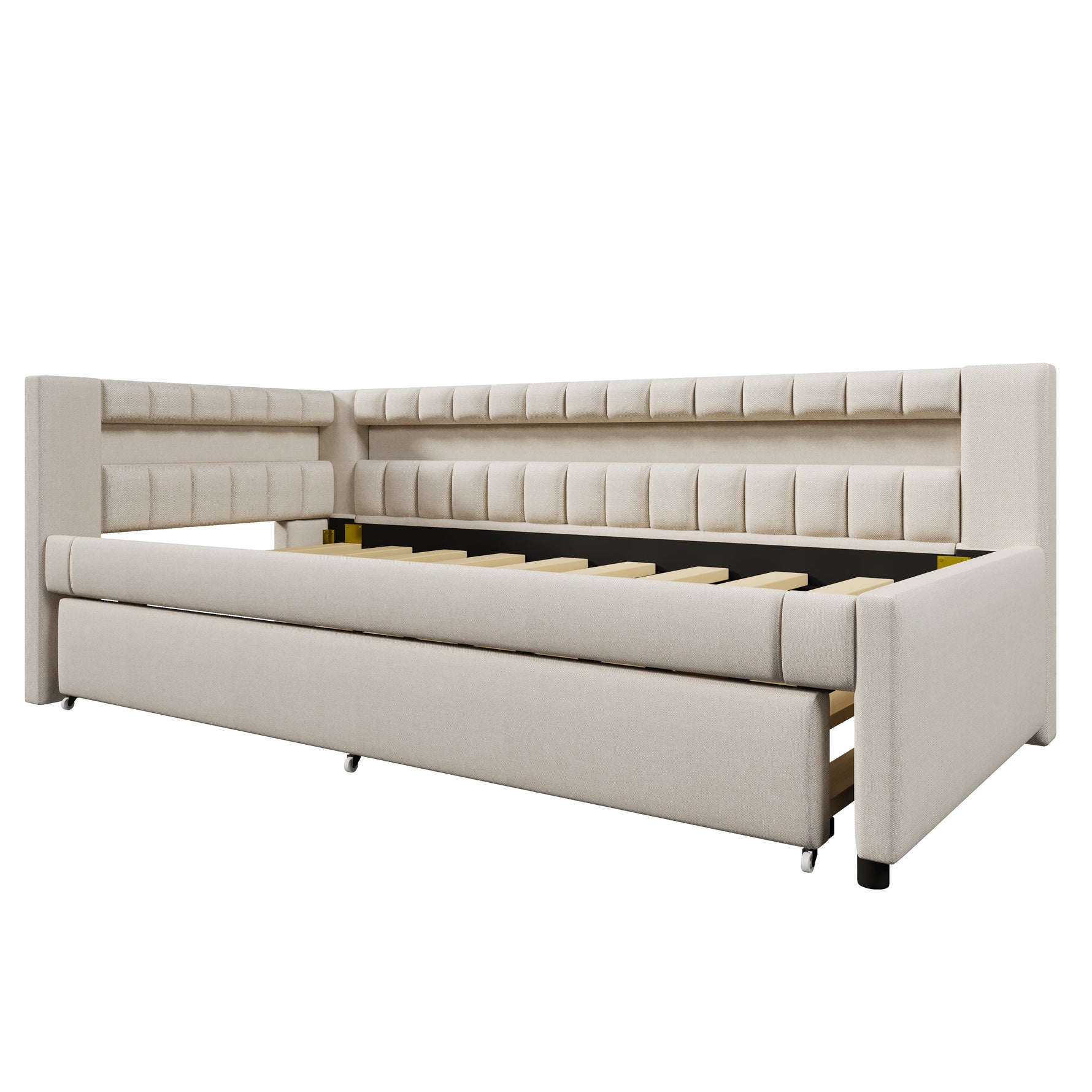Daybed with LED Light Strip and Pull-out Bed, USB + Type-C, Beige Linen