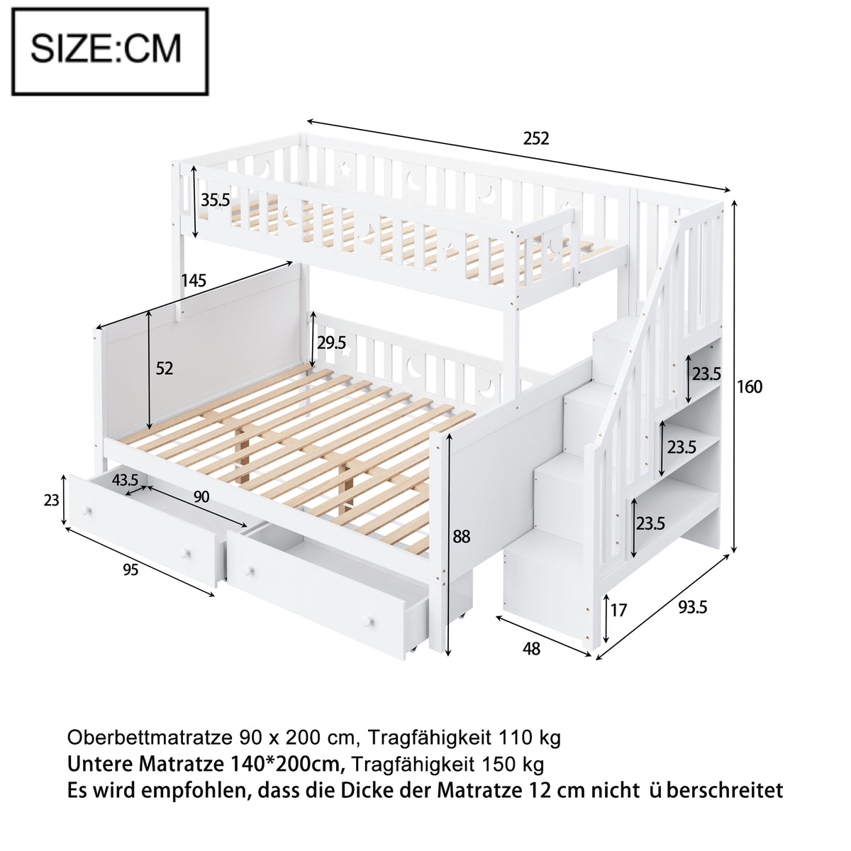 Children's Bunk Bed with Safety Stairs & Drawers, White