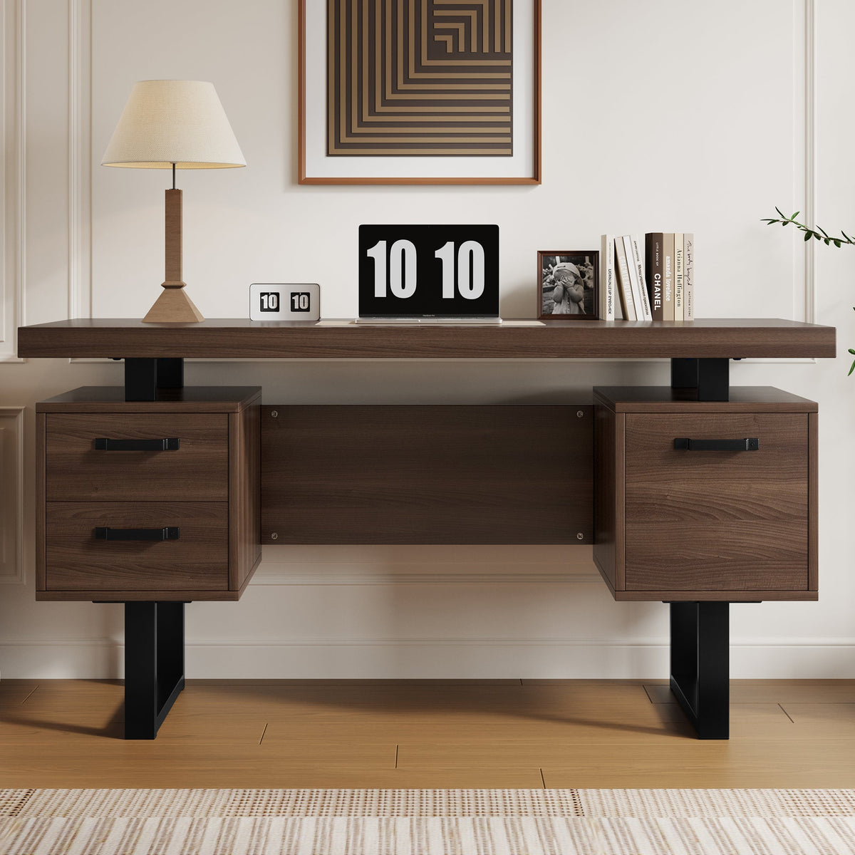 Simple Office Desk with Silent Drawer and File Drawer, 135 x 54 cm, Brown