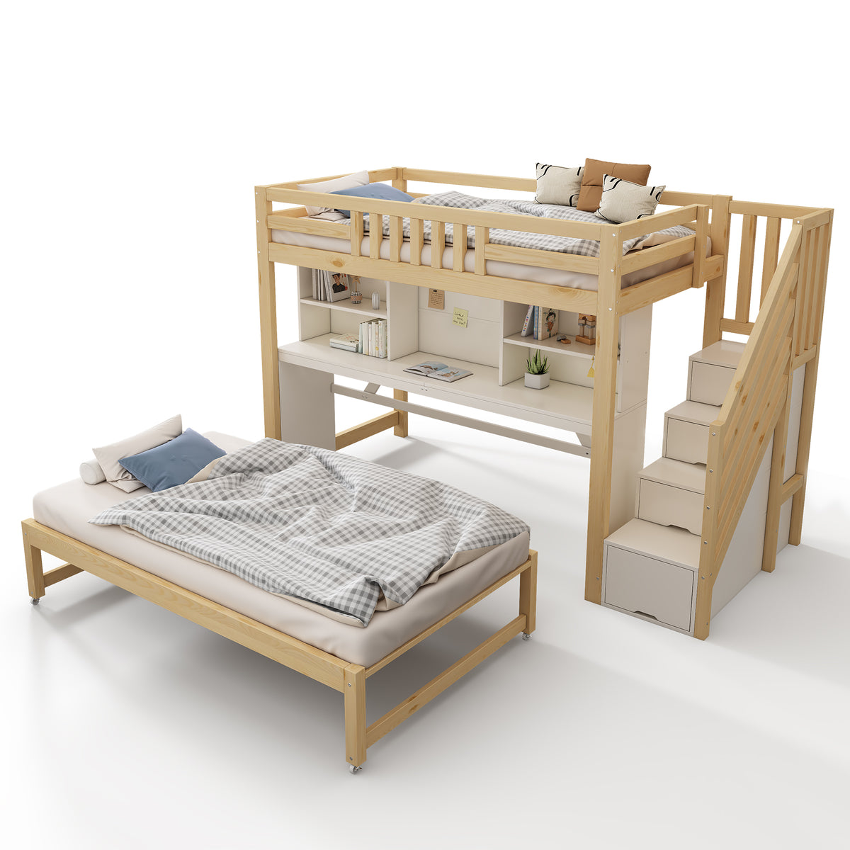 Children's Bunk Bed with Desk & Trundle, White & Oak Wood