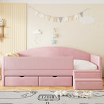 Upholstered Sofa Bed with Two Drawers, Railings and Steps, 90x190cm, Pink Velvet