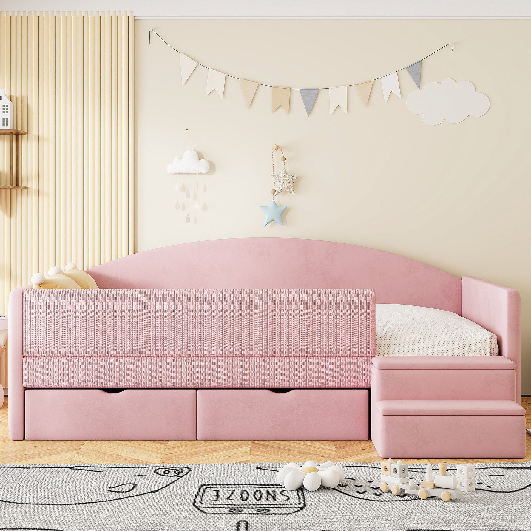 Upholstered Sofa Bed with Two Drawers, Railings and Steps, 90x190cm, Pink Velvet