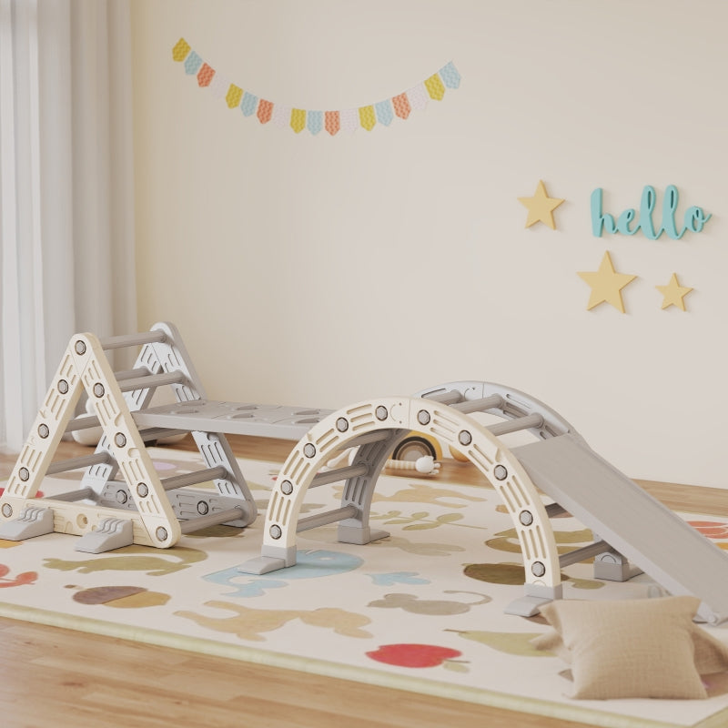 Indoor Climbing Frame 5-in-1 Triangle with Slide and Arch, Grey and White