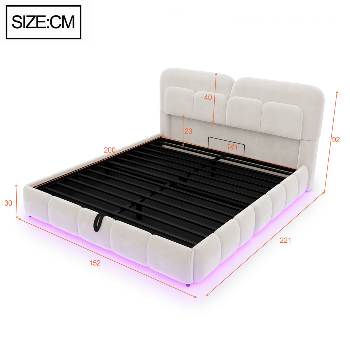 Upholstered Double Bed 140x200 Light Strip Storage Beige Velvet