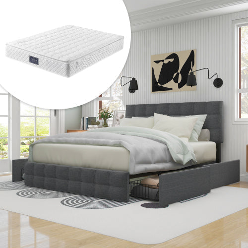 Upholstered Double Bed with 4 Drawers, Adjustable Headboard and Mattress, 140x200cm, Grey Linen