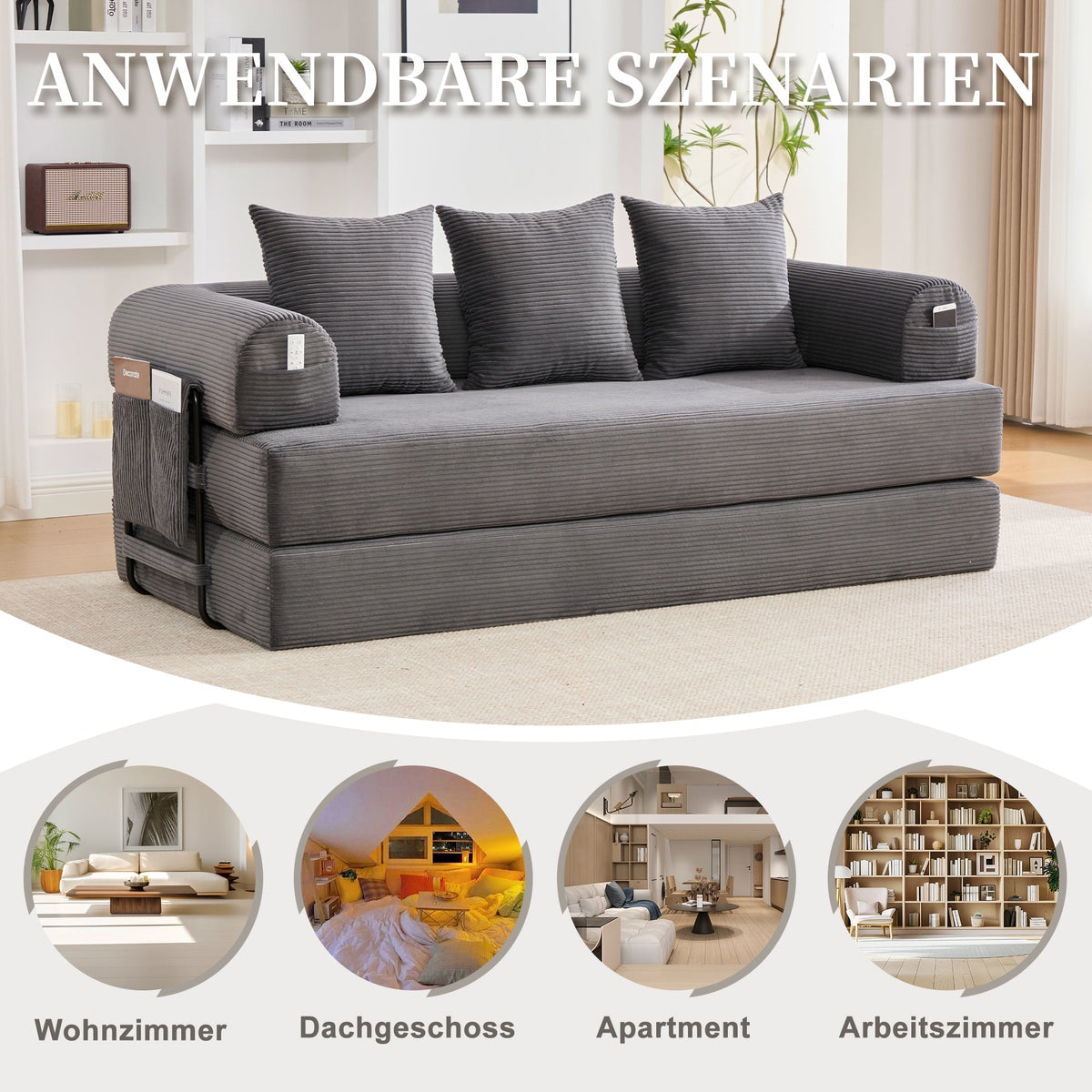 Sofa Foldable Metal Frame with 3 Cushions Side Pockets Dark Grey