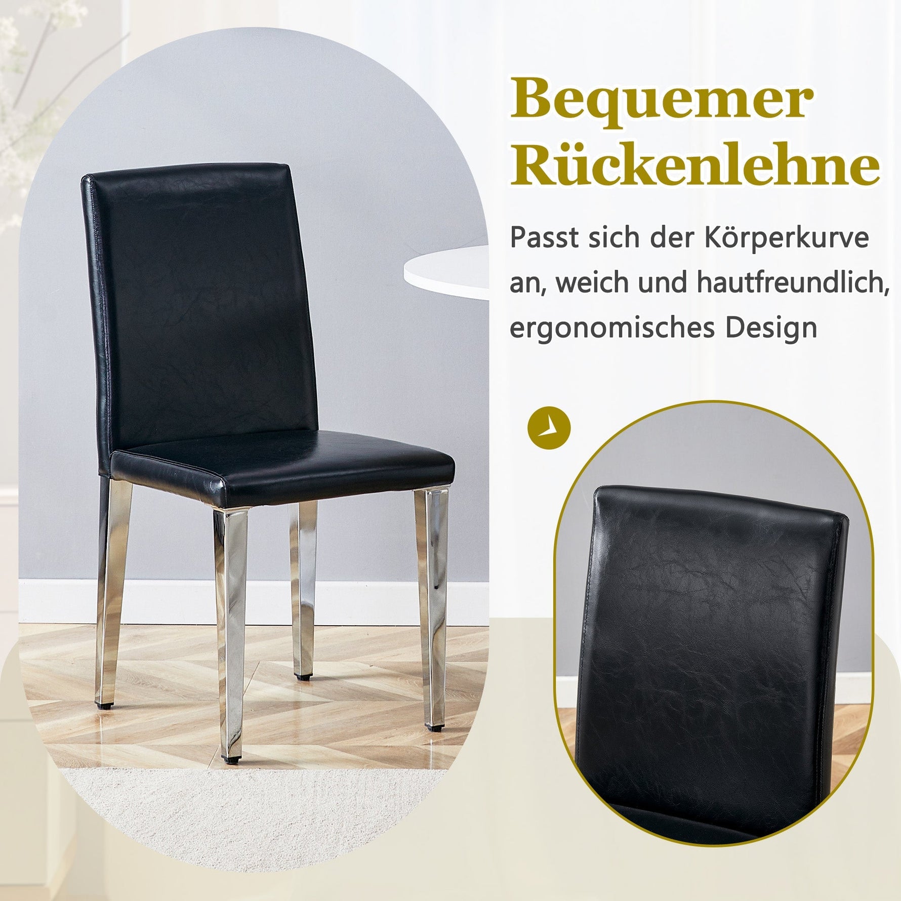 Minimalist Dining Chairs Set of 2, Ergonomic PU Leather and Metal, Black and Silver