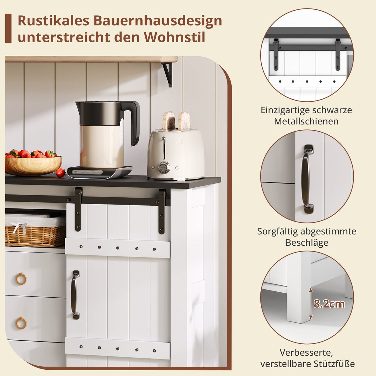 Sideboard Buffet 120cm Sliding Doors 3 Drawers - Rustic White