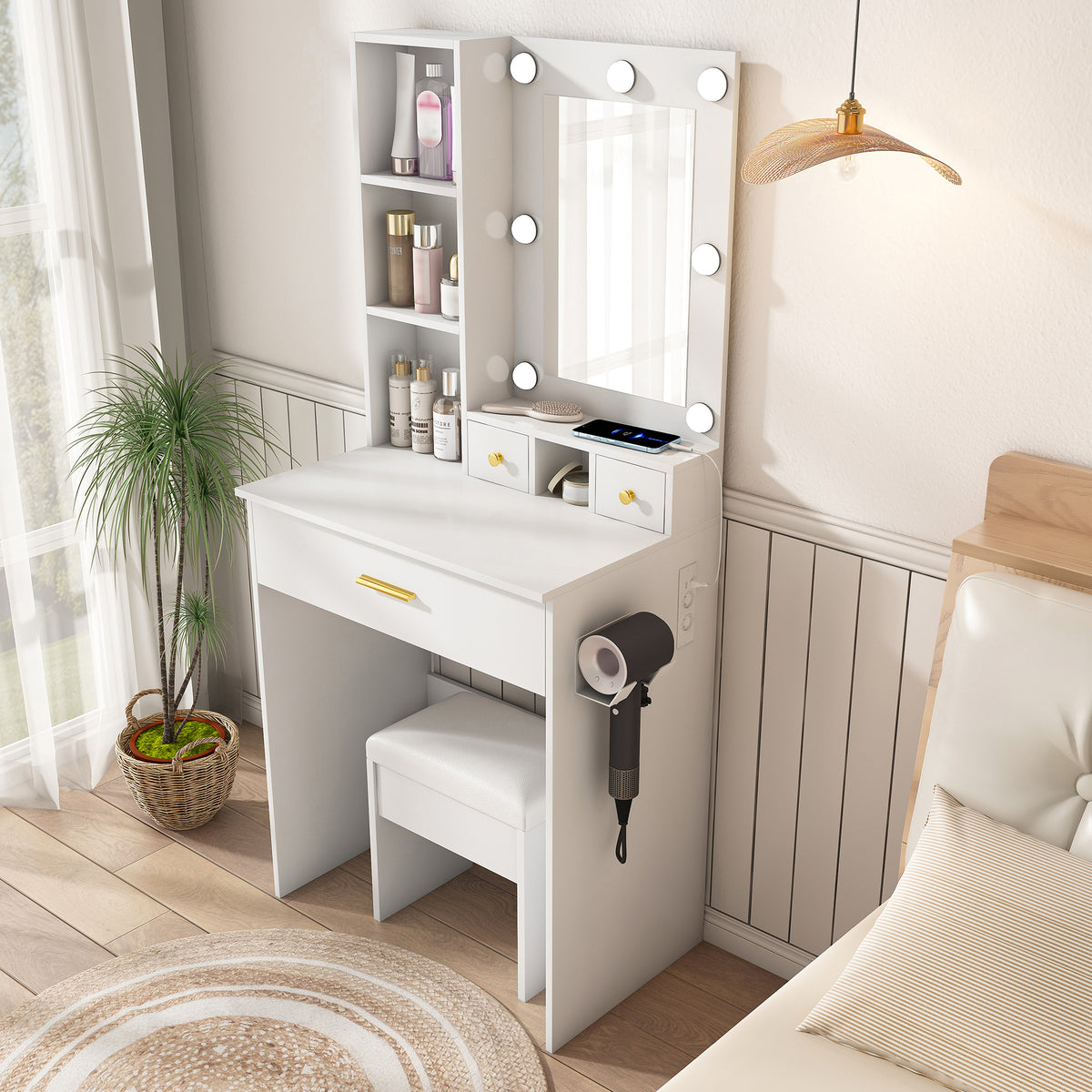 Small Vanity Desk Set with LED Mirror & Stool, White