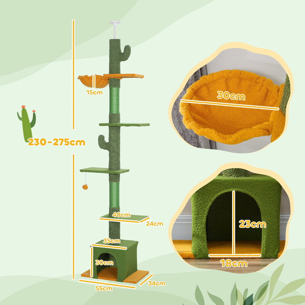 Cat Tree, Ceiling-High with Cave & Scratching Posts, Green