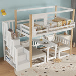 Bunk Bed with Adjustable Table, Bookshelf and Storage Stairs, 90x200cm, White and Natural Pine + MDF