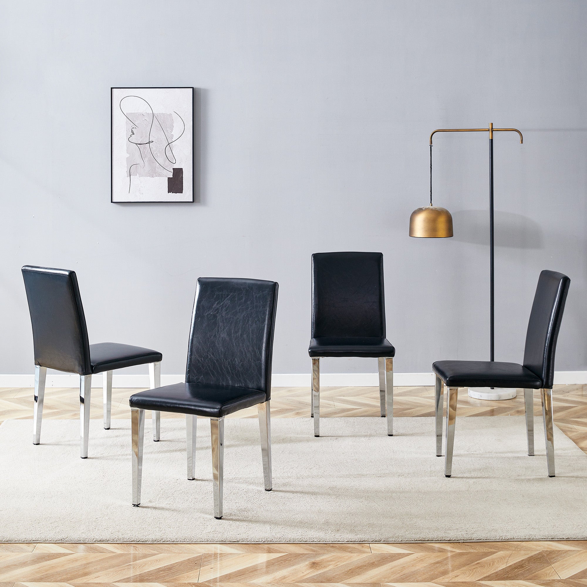 Minimalist Dining Chairs Set of 4, Modern Ergonomic Design with Metal Legs, Black PU Leather and Silver